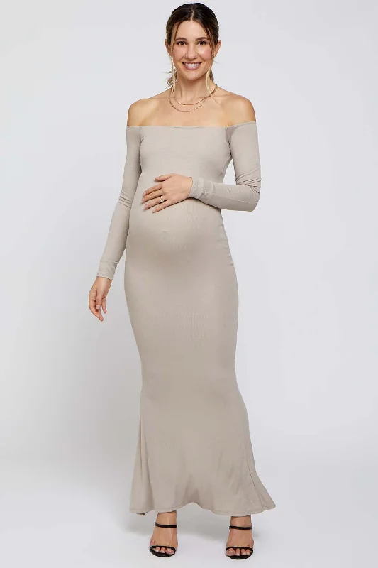 Taupe Ribbed Off Shoulder Long Sleeve Maternity Maxi Dress Elegant Lace Maxi Dress