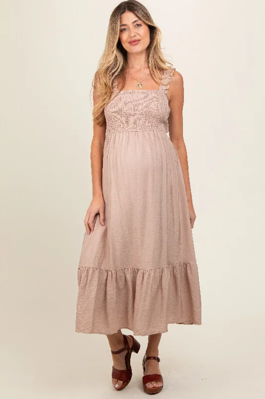 Taupe Smocked Bodice Maternity Maxi Dress Comfortable Bohemian Maxi Dress