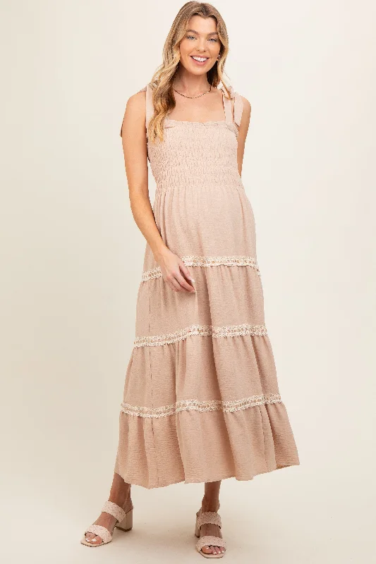 Taupe Smocked Maternity Maxi Dress Elegant Pleated Maxi Dress