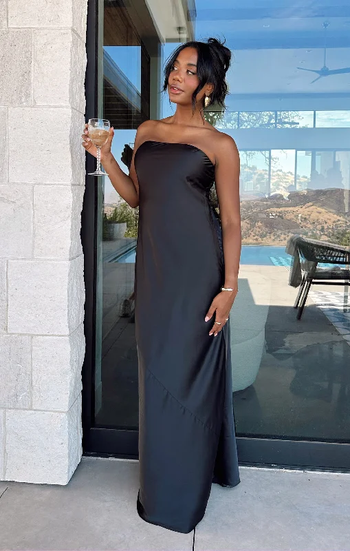 Taylor Tube Maxi Dress ~ Black Luxe Satin Stylish Longline Maxi Dress