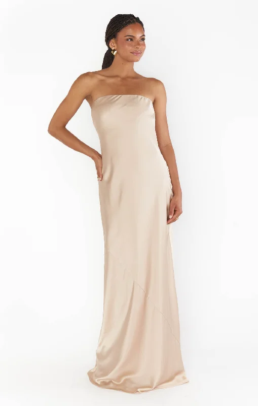 Taylor Tube Maxi Dress ~ Champagne Luxe Satin Elegant Maxi Dress with Lace