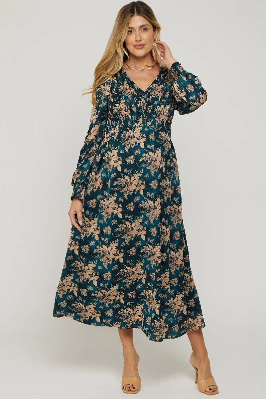 Teal Floral Long Sleeve Maternity Maxi Dress Classic V-Neck Maxi Dress