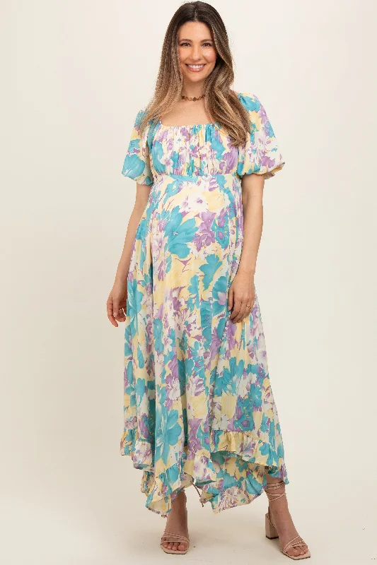 Teal Floral Puff Sleeve Handkerchief Hem Maternity Maxi Dress Stylish Maxi Dress with Pleats Teal Floral Puff Sleeve Handkerchief Hem Maternity Maxi Dress Stylish Maxi Dress with Pleats