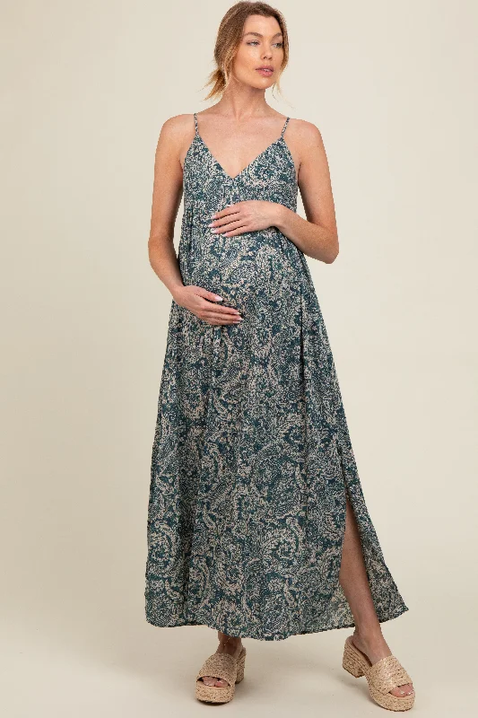 Teal Paisley Babydoll Cami Strap Maternity Maxi Dress Fashionable Faux Wrap Maxi Dress Teal Paisley Babydoll Cami Strap Maternity Maxi Dress Fashionable Faux Wrap Maxi Dress