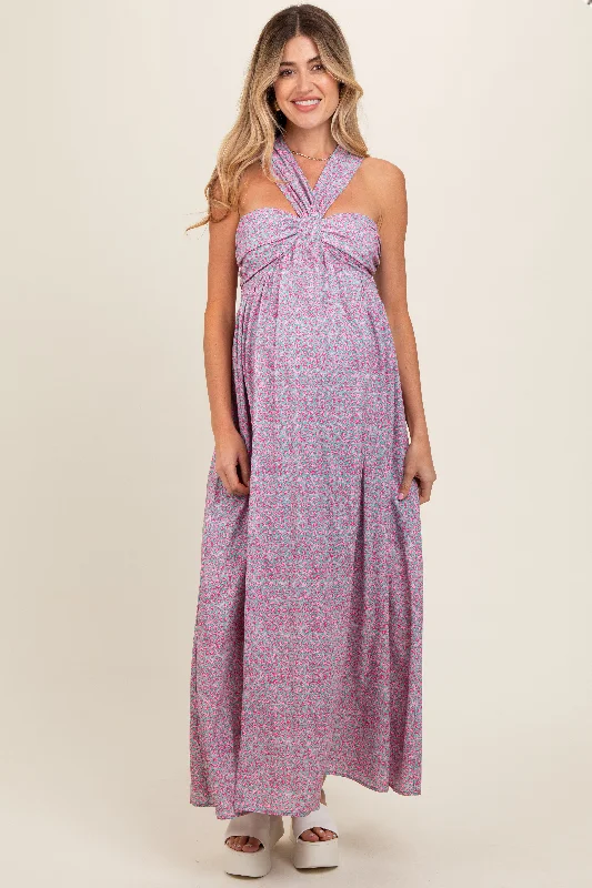 Teal Print Halter Maternity Maxi Dress Fashionable Printed Maxi Dress