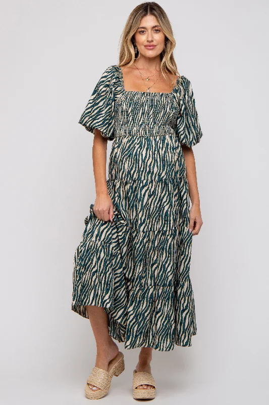 Teal Printed Smocked Maternity Maxi Dress Comfortable Flowy Maxi Dress