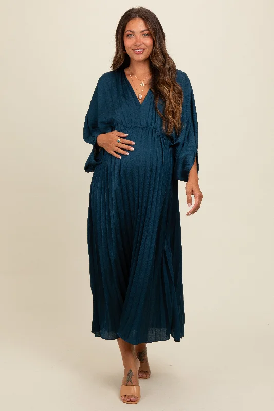 Teal Satin Pleated V-Neck Maternity Maxi Dress Classic Tulle Maxi Dress