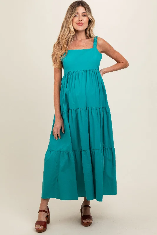 Teal Square Neck Cut Out Back Tiered Maternity Maxi Dress Comfortable Ruffle Maxi Dress Teal Square Neck Cut Out Back Tiered Maternity Maxi Dress Comfortable Ruffle Maxi Dress
