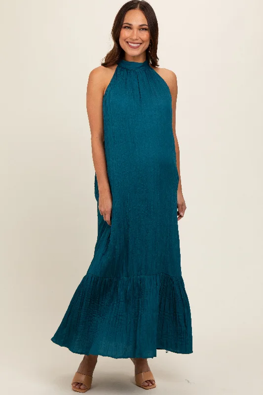 Teal Textured Halter Tie Maternity Maxi Dress Fashionable Off-Shoulder Maxi Dress