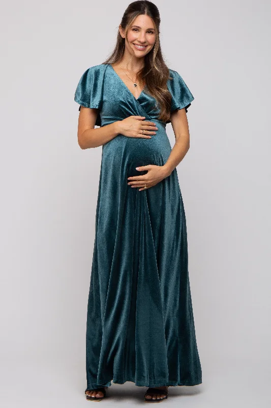Teal Velvet Maternity Maxi Dress Stylish Maxi Dress with Frills