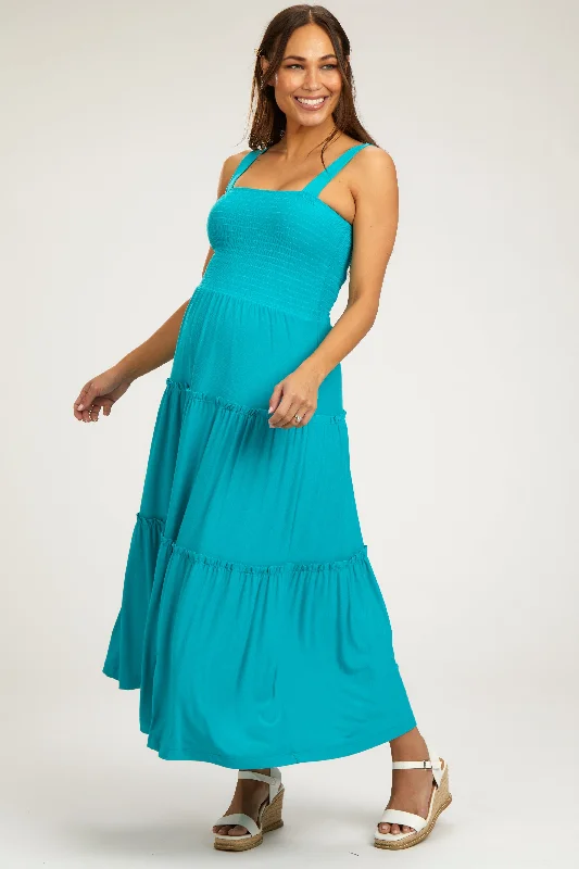 Turquoise Sleeveless Tiered Maternity Maxi Dress Elegant Maxi Dress with Belt
