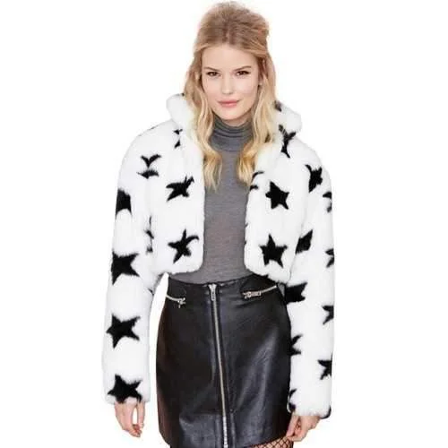 Trendy Style Long Sleeve Star Pattern Faux Fur Women's Jacket - White S Satin Jacket Silk Jacket Chiffon Jacket