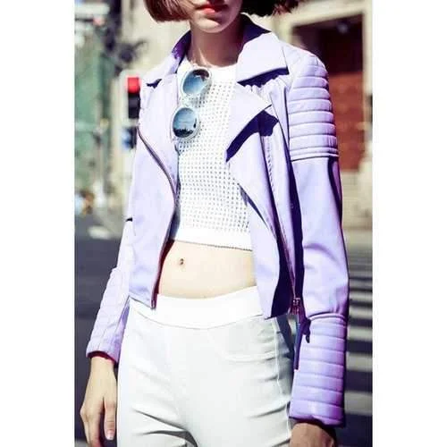 Stylish Lapel Neck Long Sleeve Purple PU Leather Women's Jacket - Purple Xl Mesh Jacket Canvas Jacket Denim Jacket