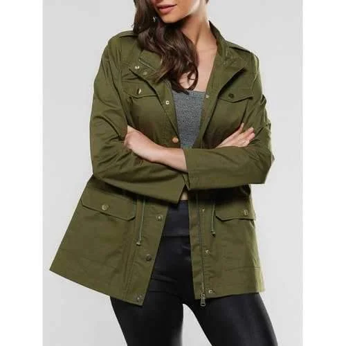 Flap Pockets Drawstring Utility Jacket - Army Green M Satin Jacket Silk Jacket Chiffon Jacket