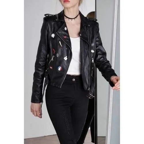 Zippered Faux Leather Moto Jacket - Black L Lace Jacket Ribbed Jacket Sequined Jacket