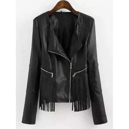 Fringed Faux Leather Biker Jacket - Black S Trench Coat Raincoat Waterproof Jacket