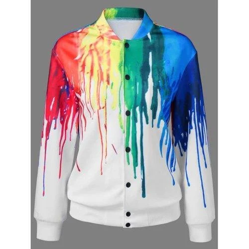 Paint Drip Bomber Jacket - White L Knit Jacket Woven Jacket Fleece Jacket