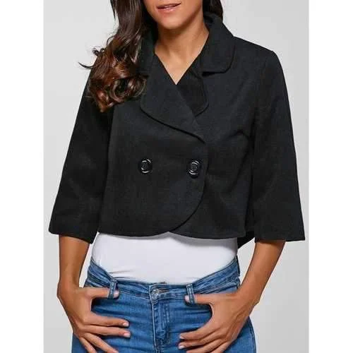 3/4 Sleeves Buttoned Jacket - Black M Welt Pockets Slit Pockets Flap Pockets