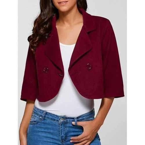 3/4 Sleeve Buttoned Wool Cropped Jacket - Claret 2xl Front Pockets Side Pockets Patch Pockets