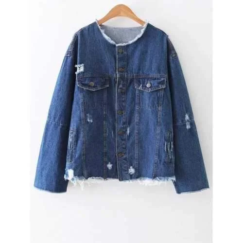 Patched Ripped Denim Jacket - Blue L Cardigan Sweater Pullover