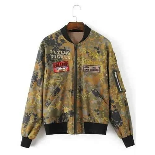 Letter Patched Camouflage Jacket - Camouflage L Faux Fur Jacket Real Fur Jacket Shearling Jacket