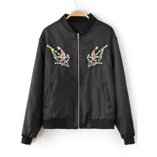 Fish Embroidered  Bomber Jacket - Black S Embroidered Jacket Appliqued Jacket Beaded Jacket