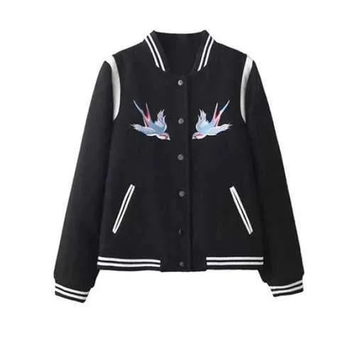 Embroidered Snap Closure Baseball Jacket - Black S Herringbone Jacket Houndstooth Jacket Plaid Jacket