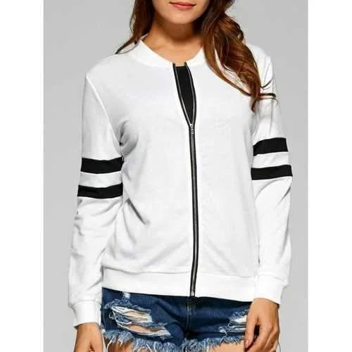 Striped Zipper Design Bomber Jacket - White L Nylon Jacket Polyester Jacket Spandex Jacket