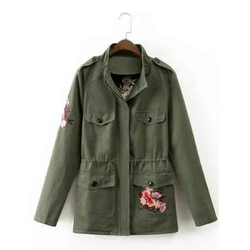 Drawstring Floral Embroidered Field Jacket - Army Green M Nylon Fabric Polyester Fabric Spandex Fabric