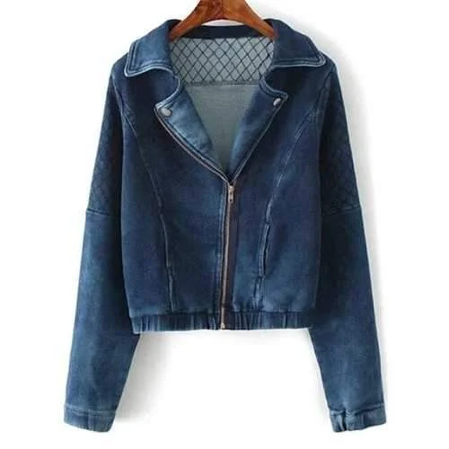 Lapel Collar Argyle Inclined Zipper Denim Jacket - Deep Blue S Toggled Jacket Drawstring Jacket Belted Jacket