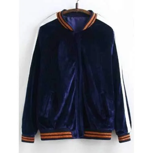 Floral Embroidered Velvet Baseball Jacket - Purplish Blue L Jacket Blazer Coat