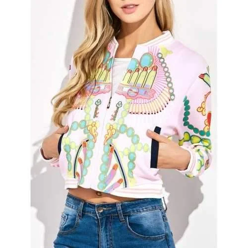 Lipstick 3D Print Cropped Bomber Jacket - Light Pink S Boat Neck Shawl Collar Notched Collar