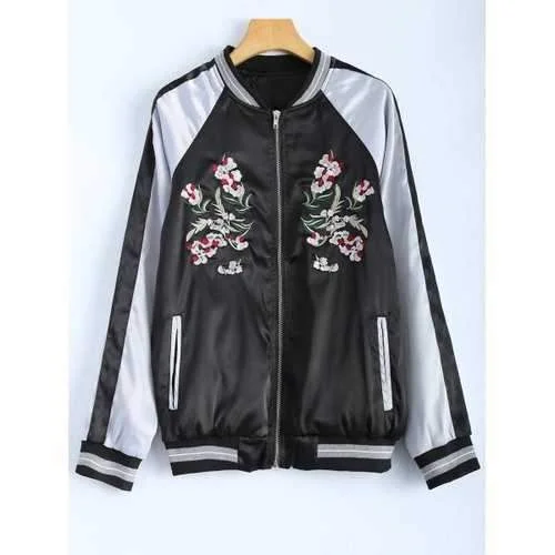 Color Block Flower Embroidery Fall Bomber Jacket - Black L Collared Jacket Crew Neck Jacket Turtle Neck Jacket