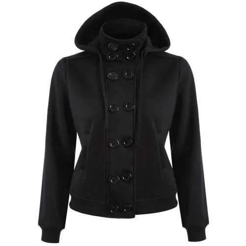 Double Breasted High Collar Hoodie Jacket - Black M Fleece Jacket Down Jacket Parka