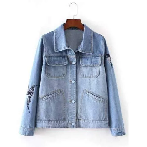 Bird Embroidery Jeans Jacket - Light Blue L Fleece Jacket Down Jacket Feather Jacket