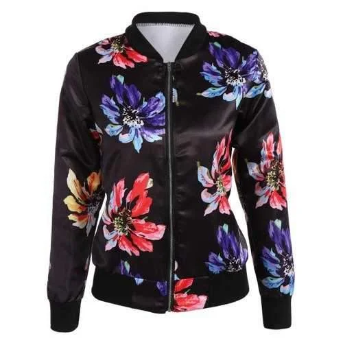 Flower Bomber Jacket - Black S Boat Neck Shawl Collar Notched Collar