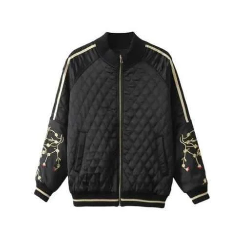 Slim Crane Embroidered Argyle Quilte Bomber Jacket - Black L Snapped Jacket Toggled Jacket Drawstring Jacket