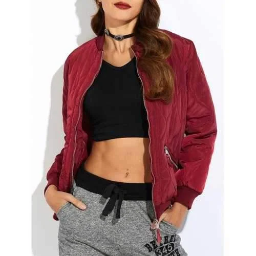 Padded Bomber Zip Up Jacket - Wine Red L Satin Jacket Silk Jacket Chiffon Jacket