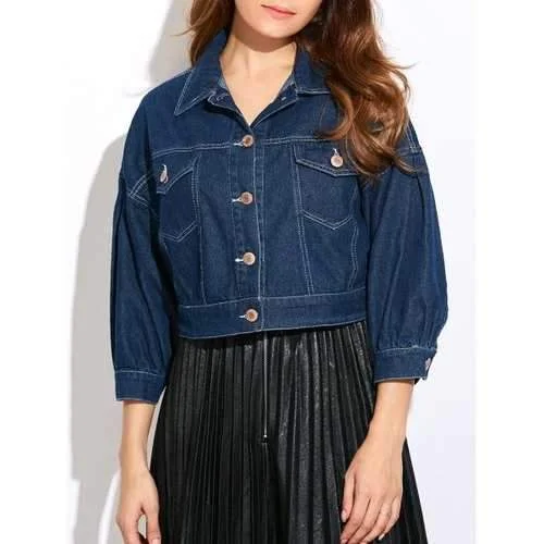 Double Front Pockets Crop Thin Jean Jacket - Deep Blue Xl Tailored Jacket Straight Jacket A-Line Jacket