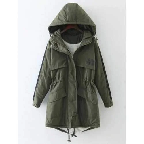 Striped Hooded Drawstring Flocking Jacket - Army Green M Welt Pockets Slit Pockets Flap Pockets