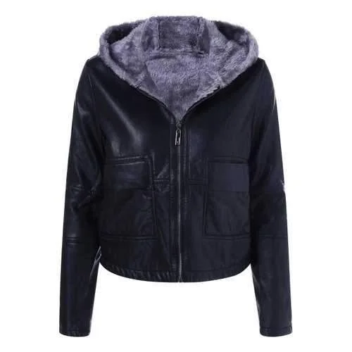 Hooded PU Leather Jacket - Gray M One-Shoulder Jacket Off-the-Shoulder Jacket Asymmetrical Jacket