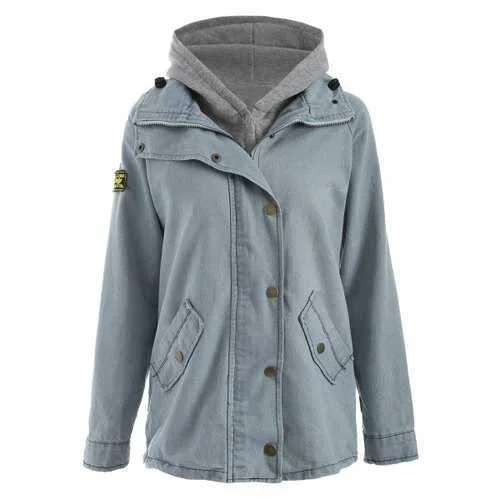 Hooded Waistcoat and Denim Jacket Twinset - Light Blue M Zip Front Button Front Snap Front