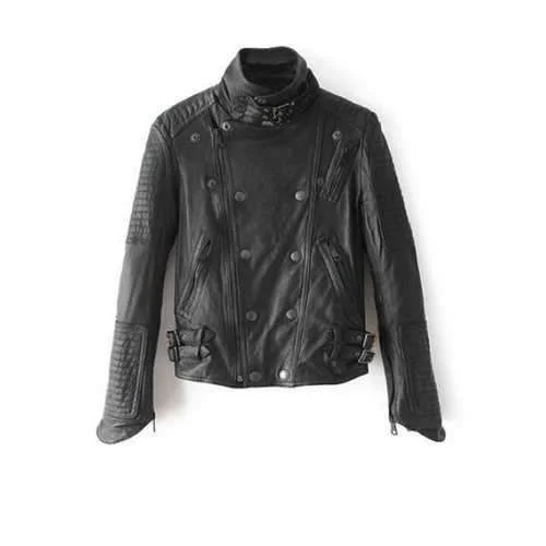 Stand Neck PU Leather Biker Jacket - Black S Chenille Jacket Brocade Jacket Lace Jacket