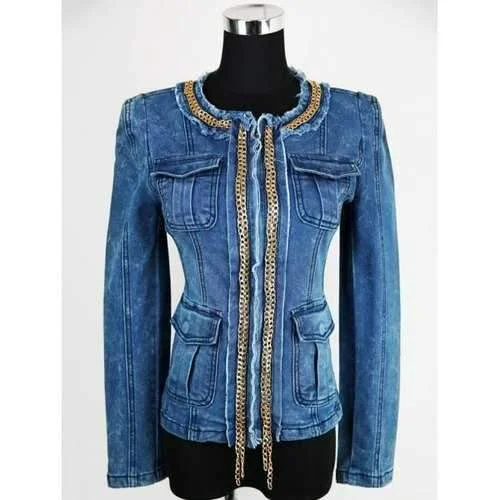 Embellished Zip Up Denim Jacket - Blue M Jacket Blazer Coat