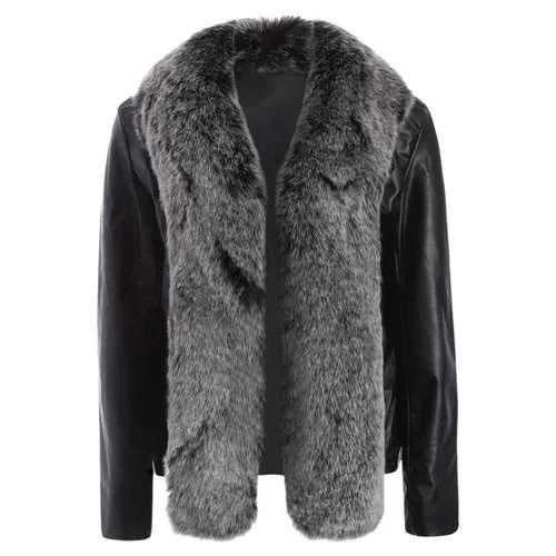 Open Front Faux Leather Jacket with Fur Collar - Black M Fleece Jacket Down Jacket Feather Jacket