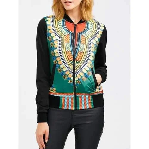 Zip Up Tribal Print Baseball Jacket - Green S V-Neck Jacket Boat Neck Jacket Square Neck Jacket