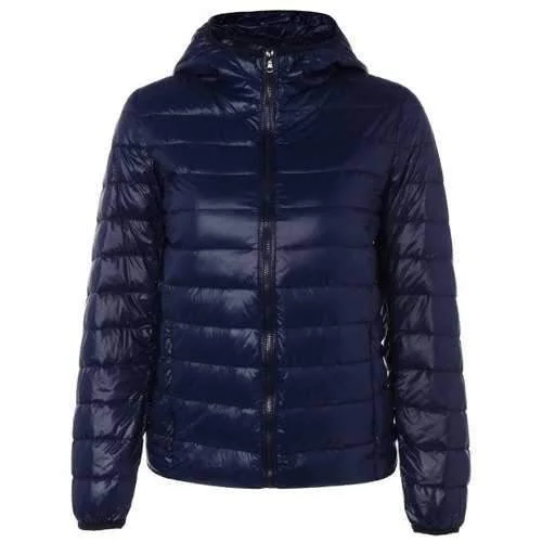 Zip Up Padded Down Jacket with Hood - Royal M Snapped Jacket Toggled Jacket Drawstring Jacket