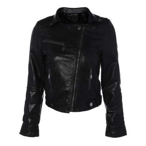 Zipper Pocket PU Leather Biker Jacket - Black M Fleece Jacket Down Jacket Feather Jacket