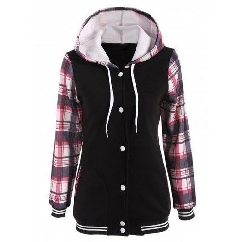 Varsity Striped Plaid Jacket with Hood - Light Red M Lace Jacket Ribbed Jacket Sequined Jacket