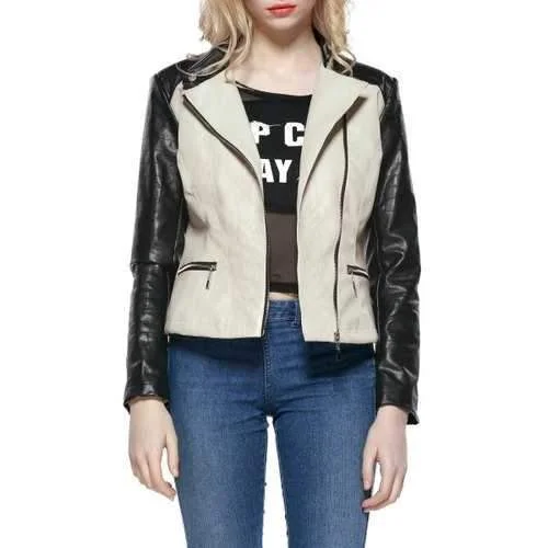 Faux Leather Colorblock Biker Jacket - Beige 2xl Fleece Fabric Down Fabric Feather Fabric